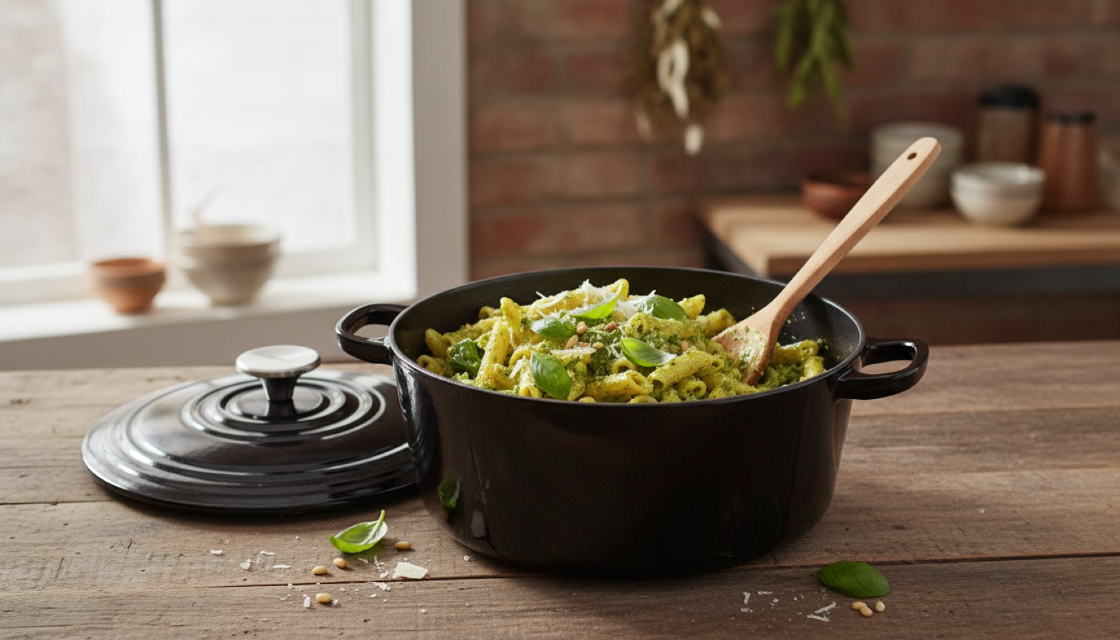 Macarrão ao Pesto de Panela Única na Caçarola de Ferro